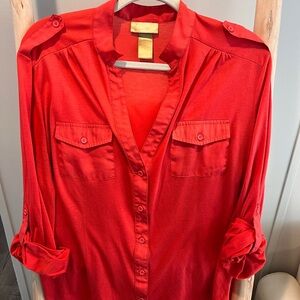 Miss Tina Bright Red Button-Down Utility Blouse